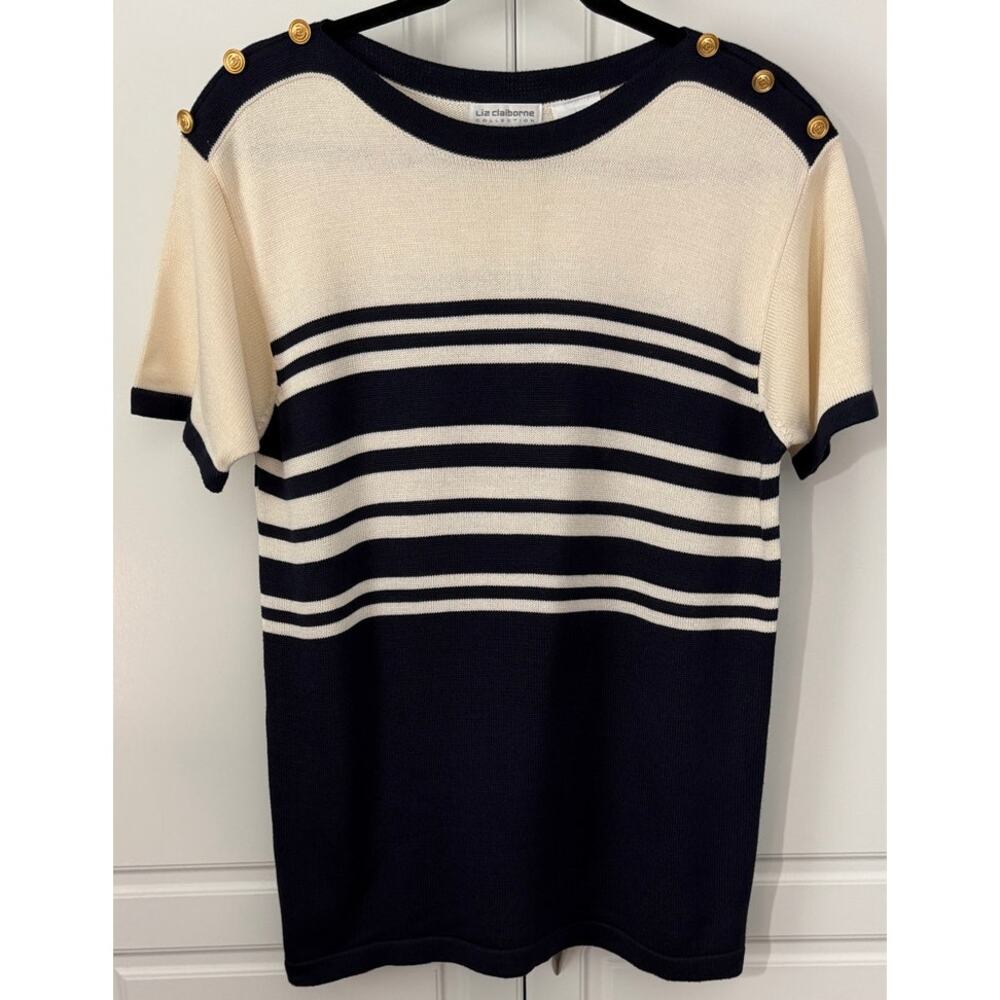 Vintage Liz Claiborne Collection Blue/Ivory Striped Short Sleeve Sweater Size M